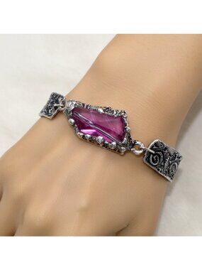 Natural Amethyst Bracelet - Chunky Crystal Intricate Silver-Blend Links Adjustab